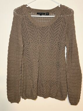 JEANNE PIERRE Taupe Open-Weave Cotton Scoopneck Sweater